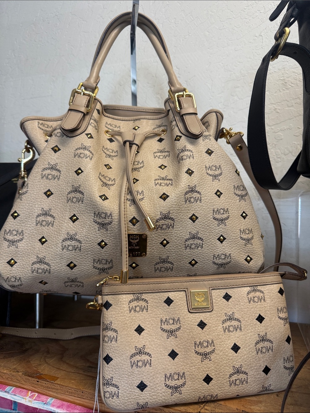 MCM Beige Visetos Drawstring Satchel with Detachable Wristlet